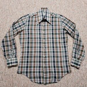 KMart Shirt Mens Medium Multi Plaid Button Up Dagger Collar Disco VTG 60s‎ 70s